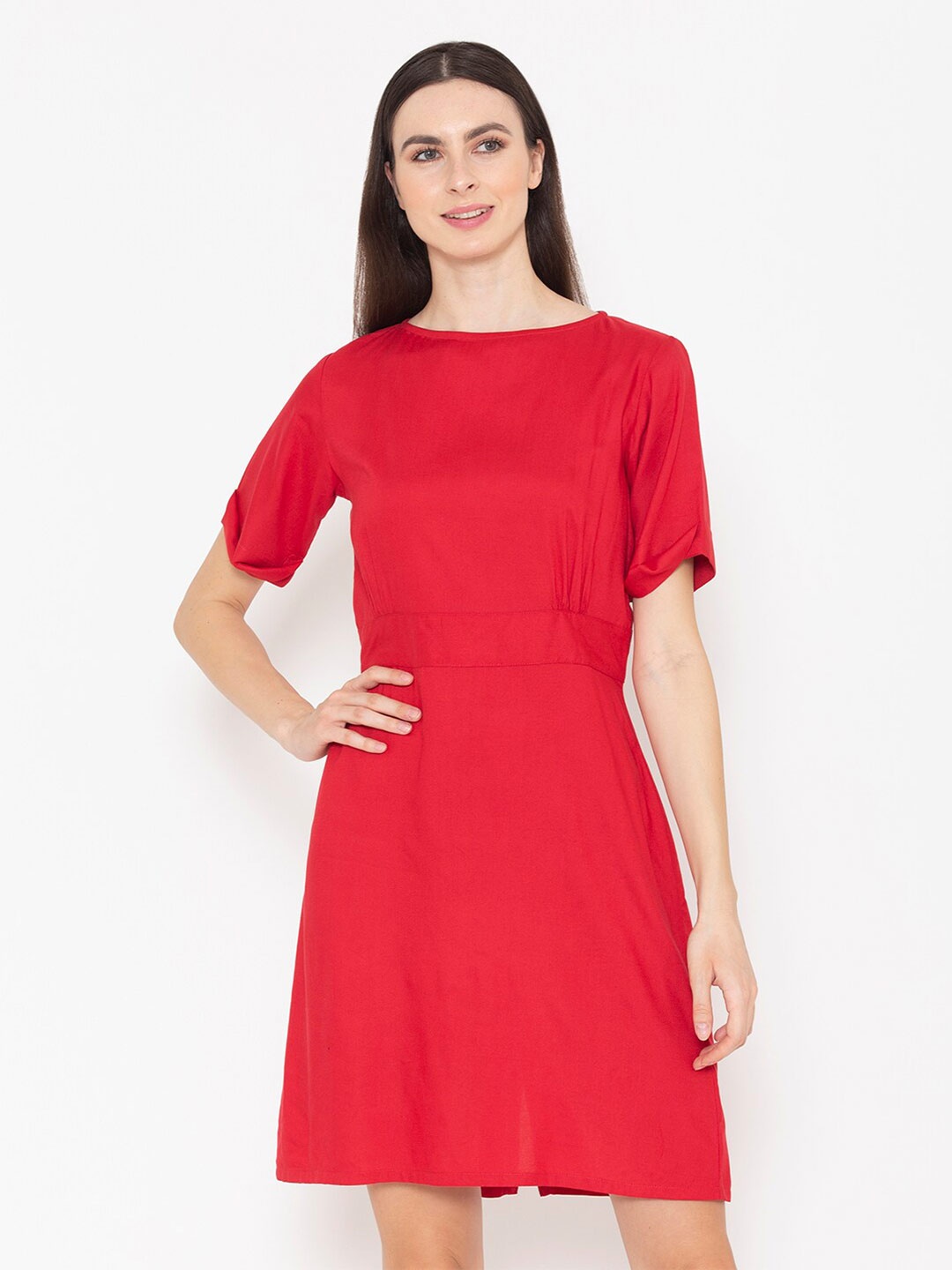 

ENTELLUS Round Neck A-Line Dress, Red