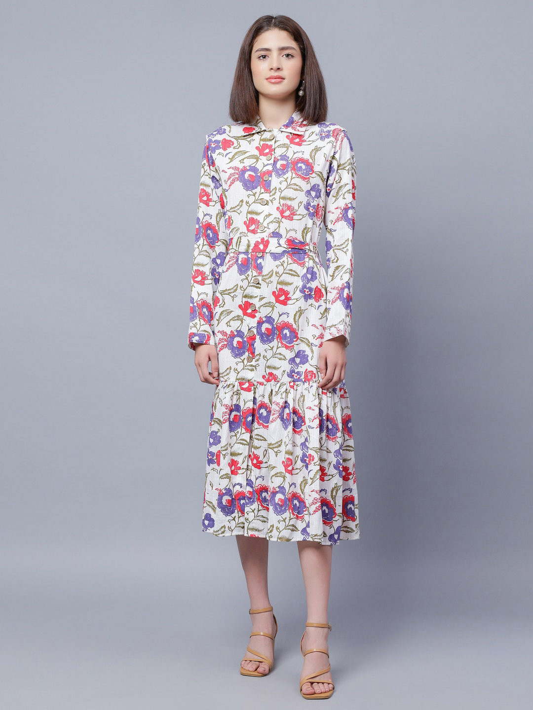 

ENTELLUS Floral Printed Shirt Midi Dress, Off white