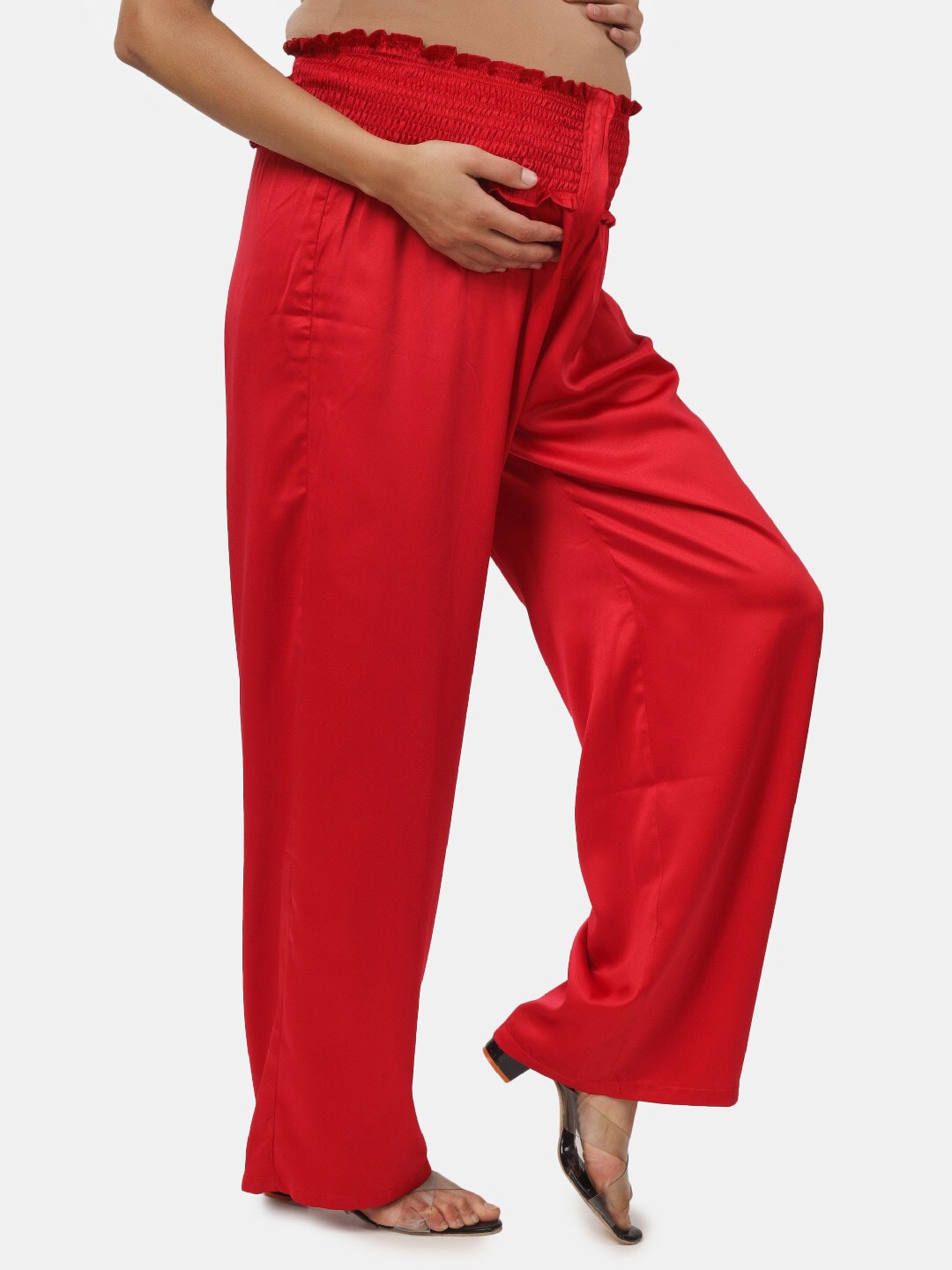 

angloindu Women Loose Fit High Rise Smocked Maternity Trousers, Red