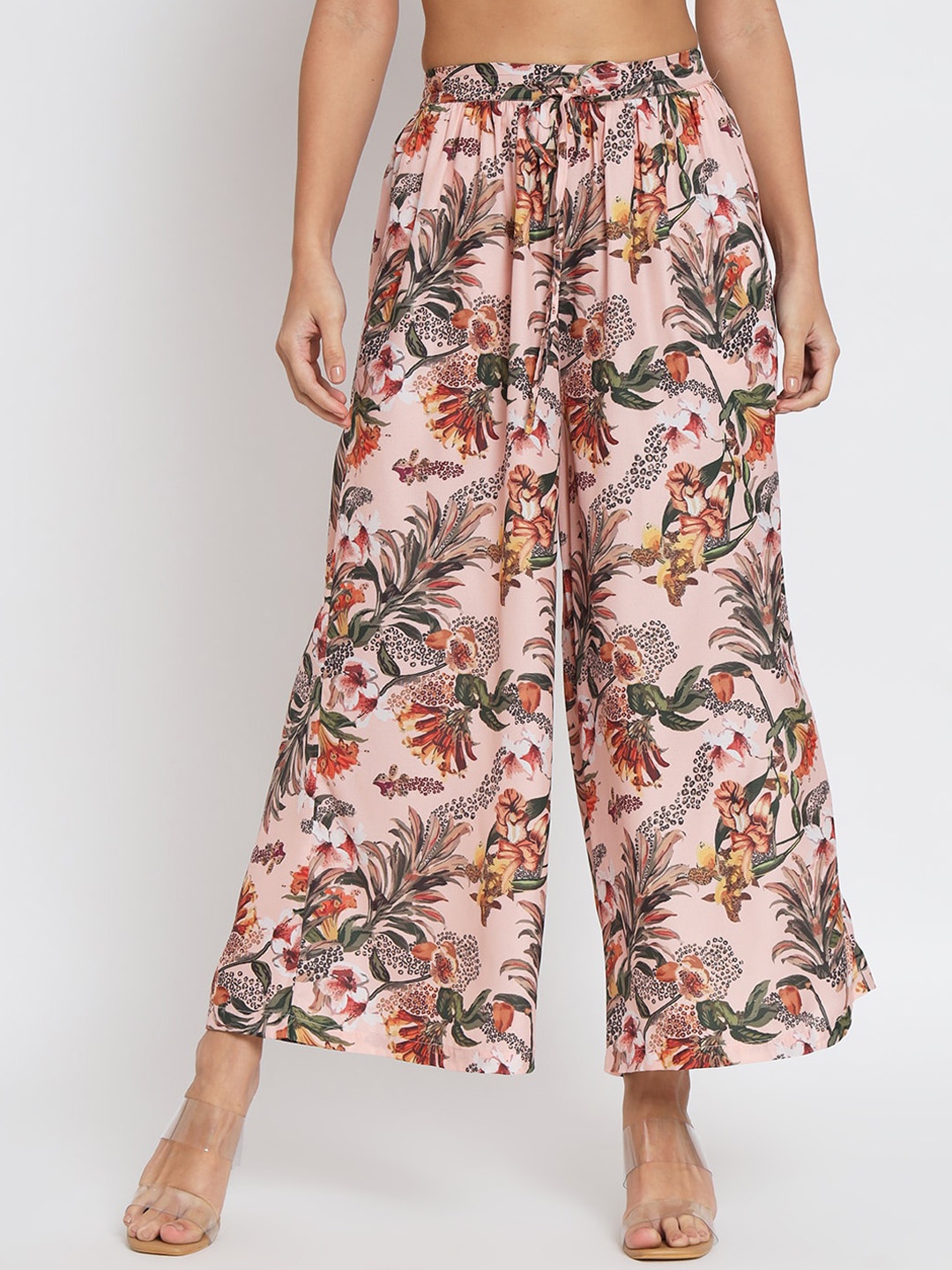 

angloindu Flared Mid-Rise Floral Printed Cropped Palazzo, Peach