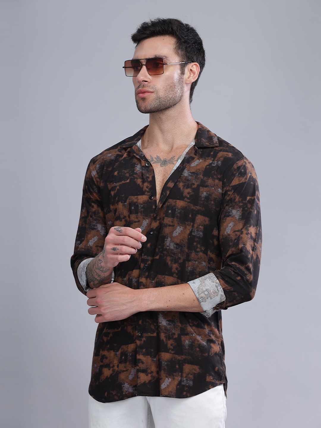 

PAUL STREET Standard Slim Fit Abstract Printed Casual Shirt, Brown