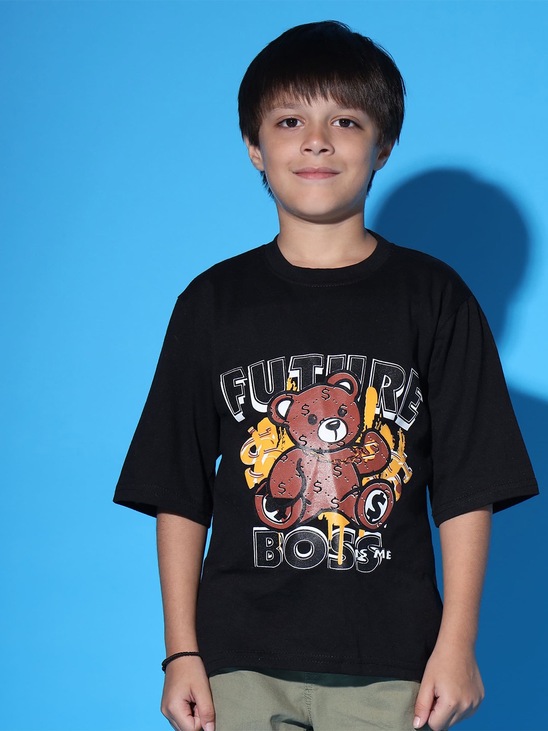 

Nick and Jones Boys Graphic Printed Drop-Shoulder Sleeves Pure Cotton T-shirt, Black