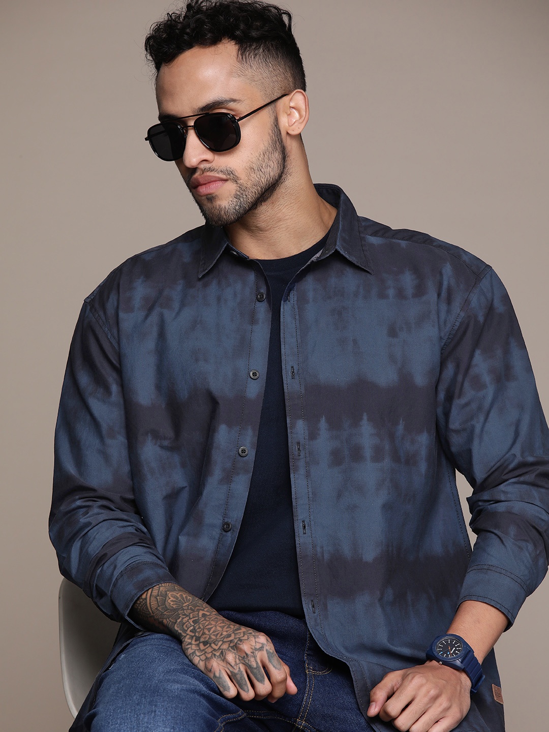

The Roadster Lifestyle Co. Tie & Dye Pure Cotton Relaxed Fit Shirt, Blue