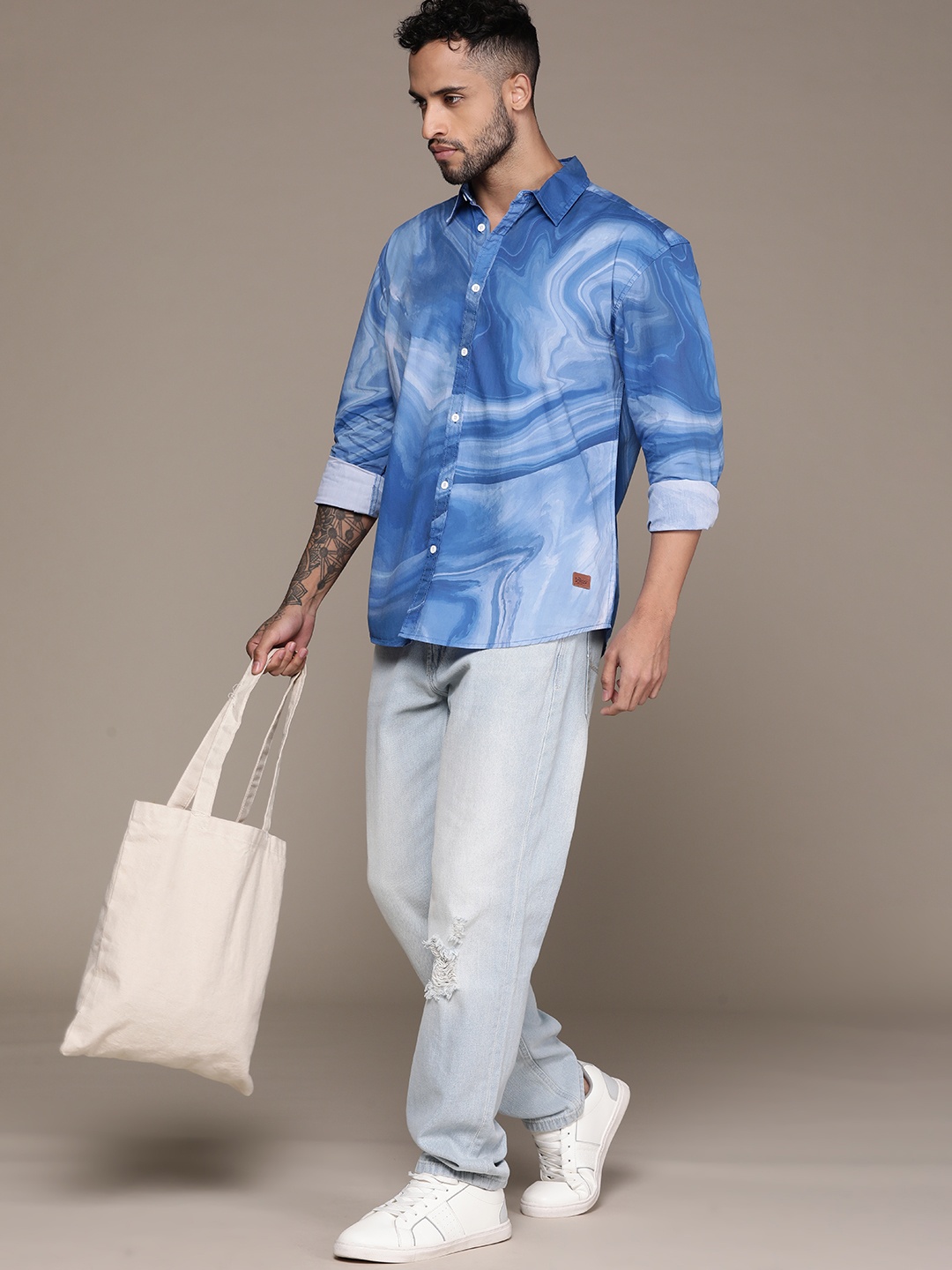 

The Roadster Lifestyle Co. Marble Print Pure Cotton Relaxed Shirt, Blue