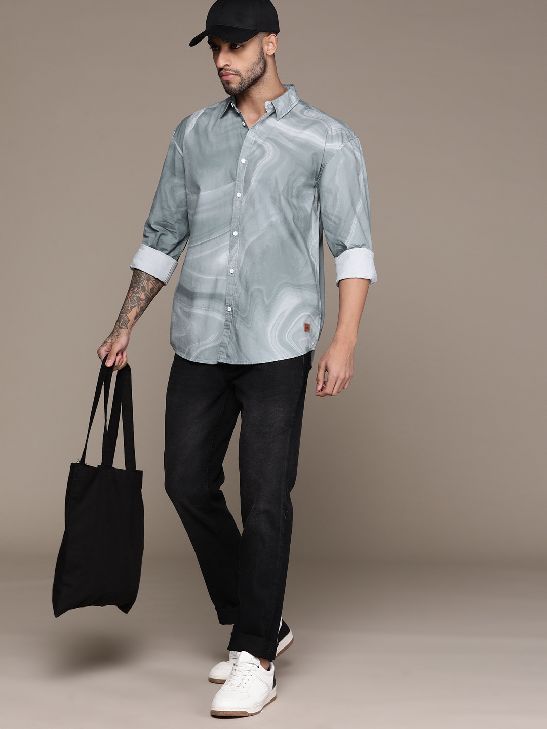 

The Roadster Lifestyle Co. Marble Print Pure Cotton Relaxed Shirt, Grey