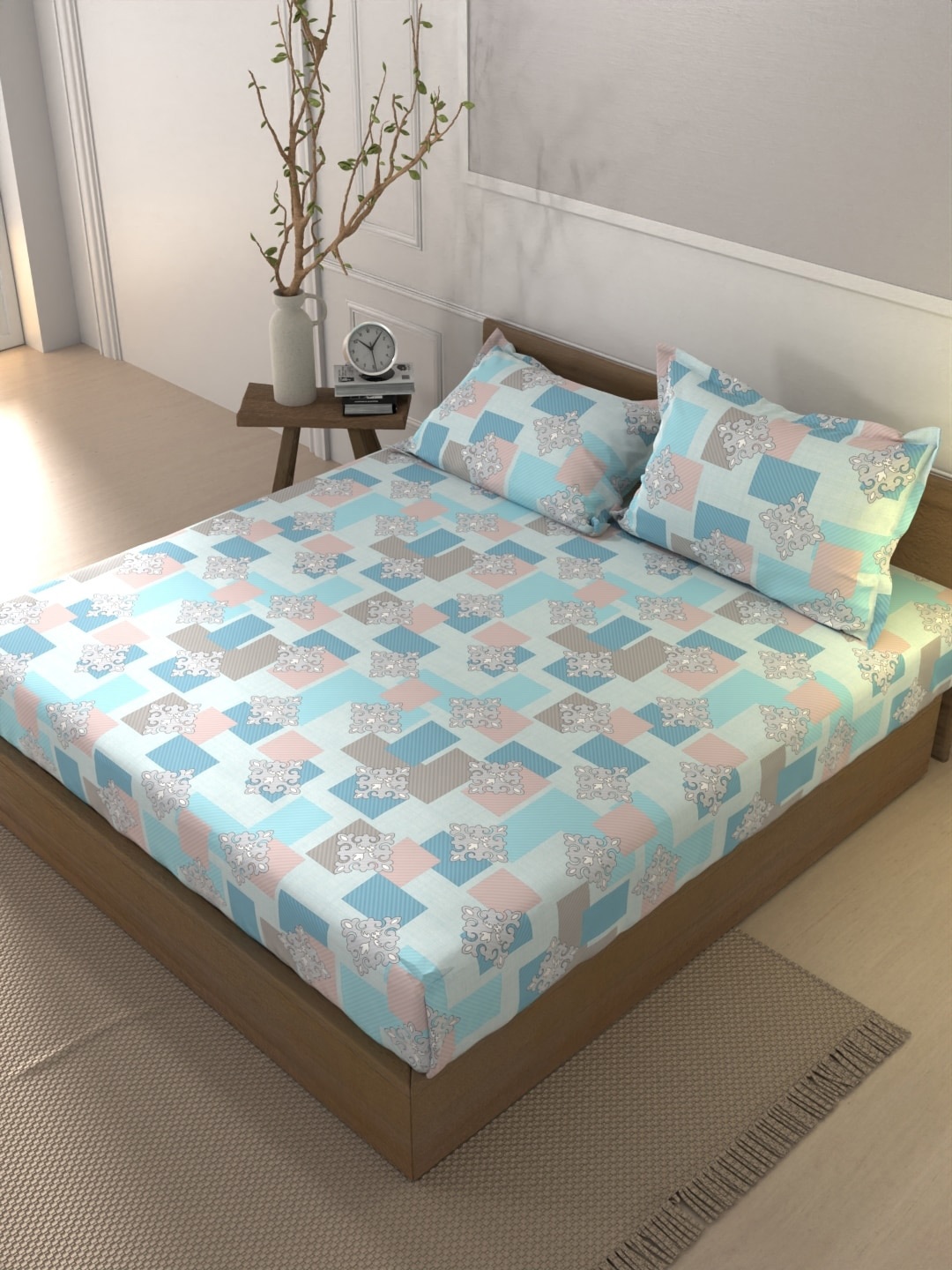 

BIANCA Mt Fit Blue Ethnic Motifs Cotton 144 TC Fitted King Bedsheet & 2 Pillow Covers