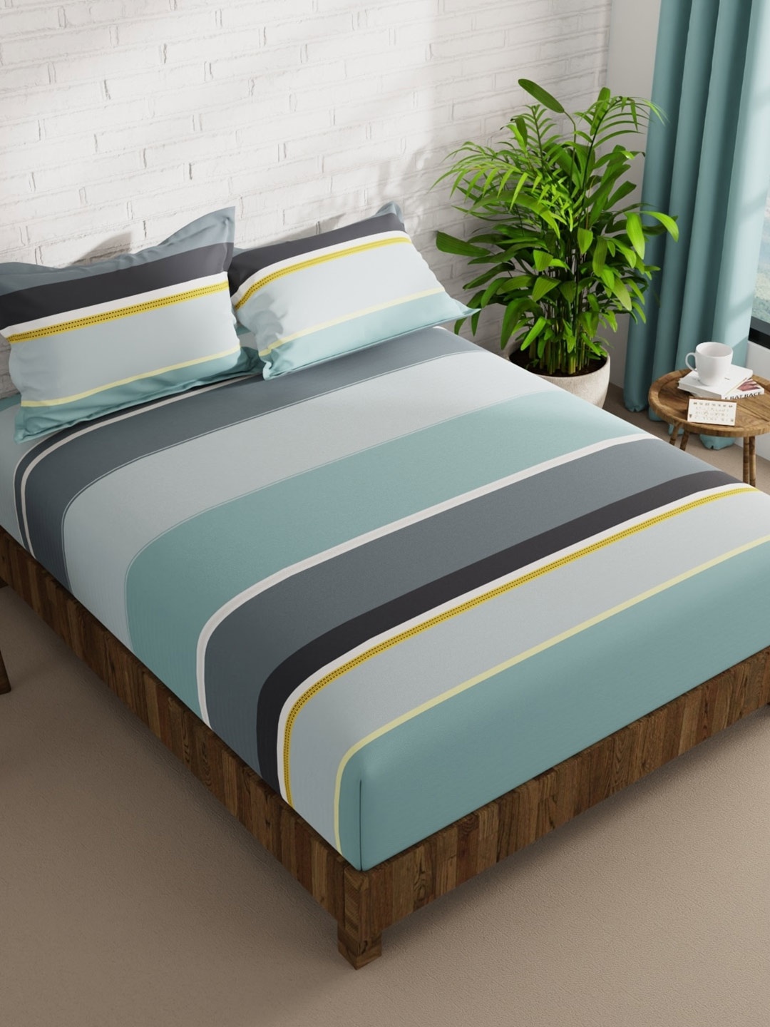

BIANCA Turquoise Blue & White Striped 152 TC Queen Bedsheet with 2 Pillow Covers