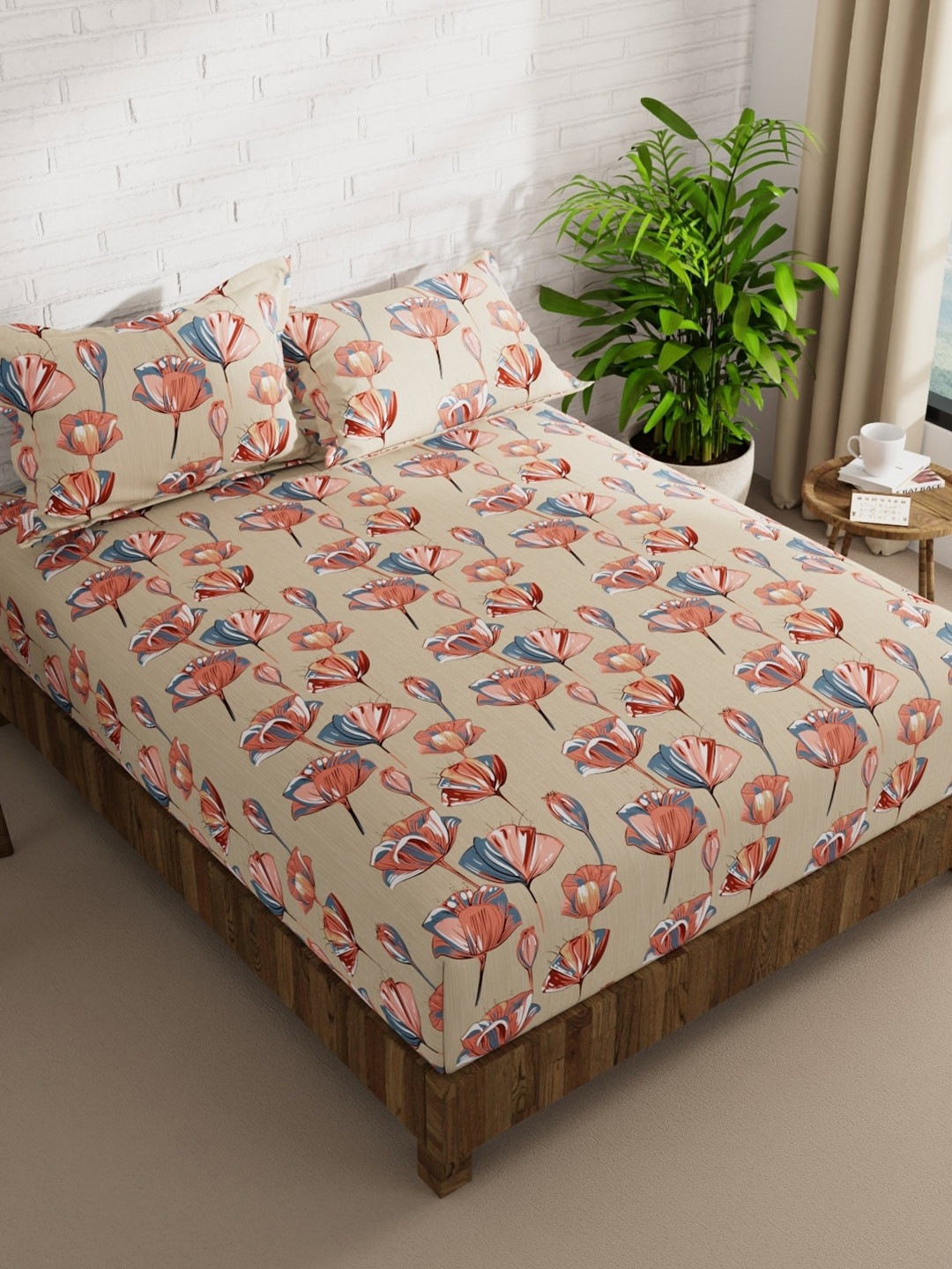 

KOPA Beige & Blue Printed 152 TC Queen Bedsheet with 2 Pillow Covers