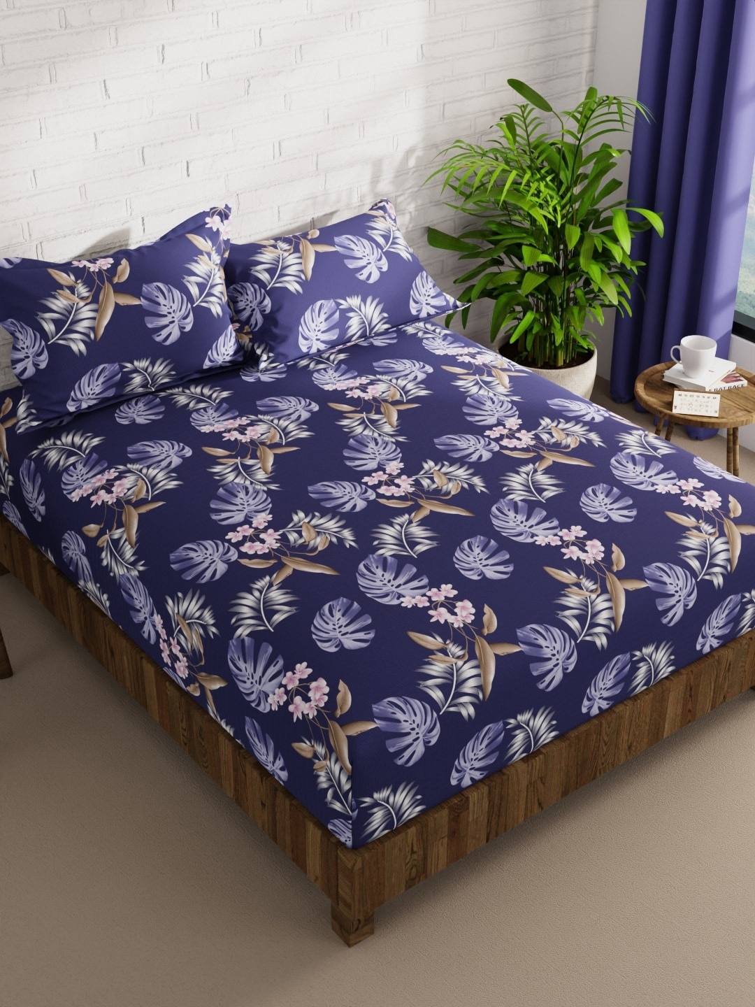 

KOPA Blue & Pink Tropical 152 TC Queen Bedsheet with 2 Pillow Covers