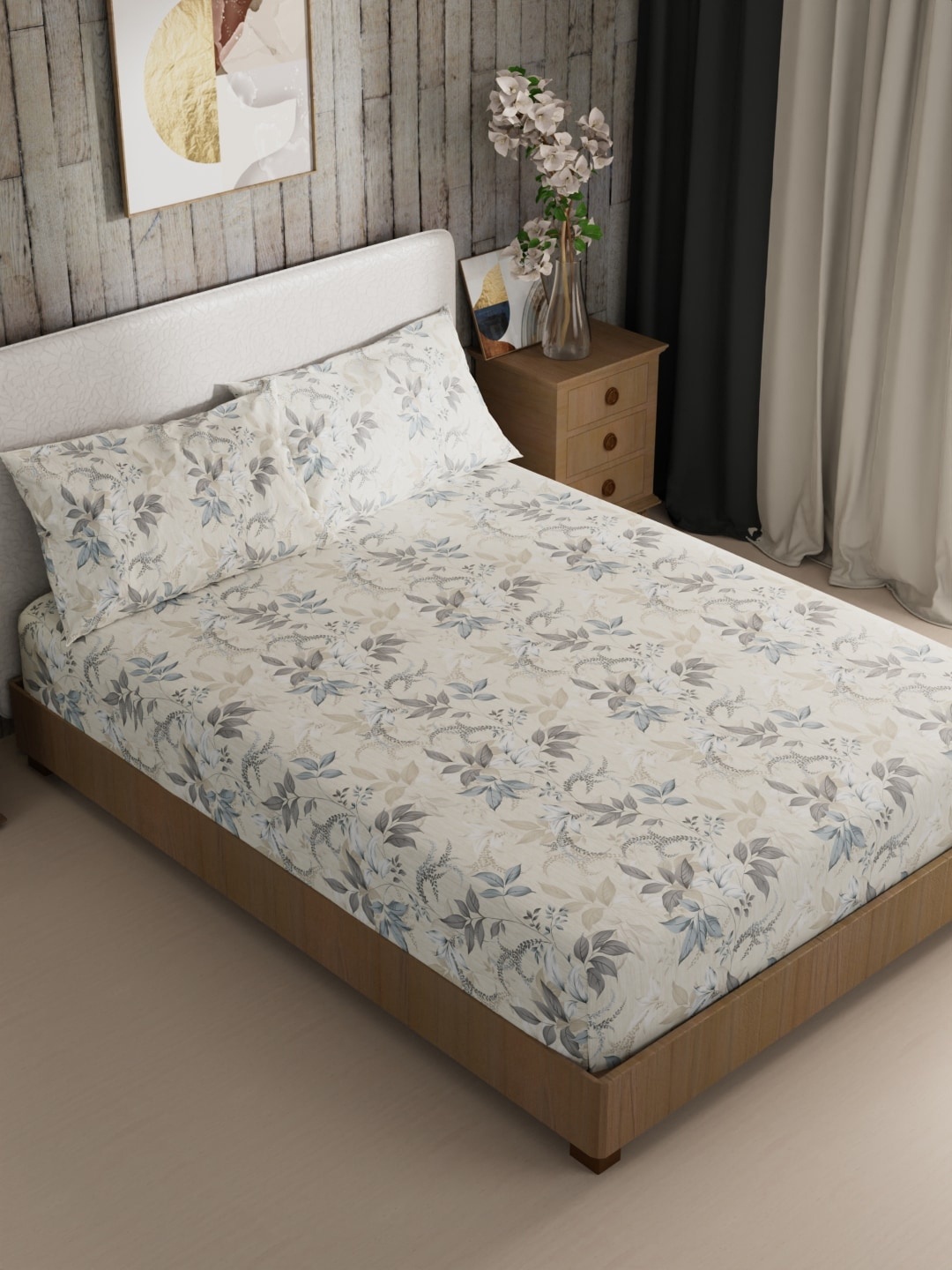 

BIANCA Off White & Grey Floral 200 TC King Bedsheet with 2 Pillow Covers