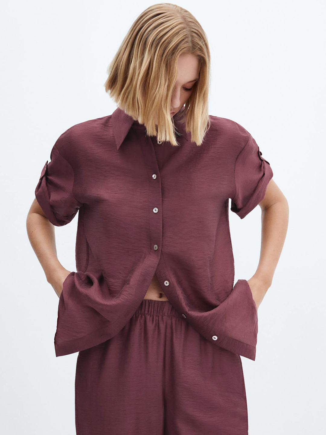 

MANGO Crinkled Satin-Finish Shirt, Maroon