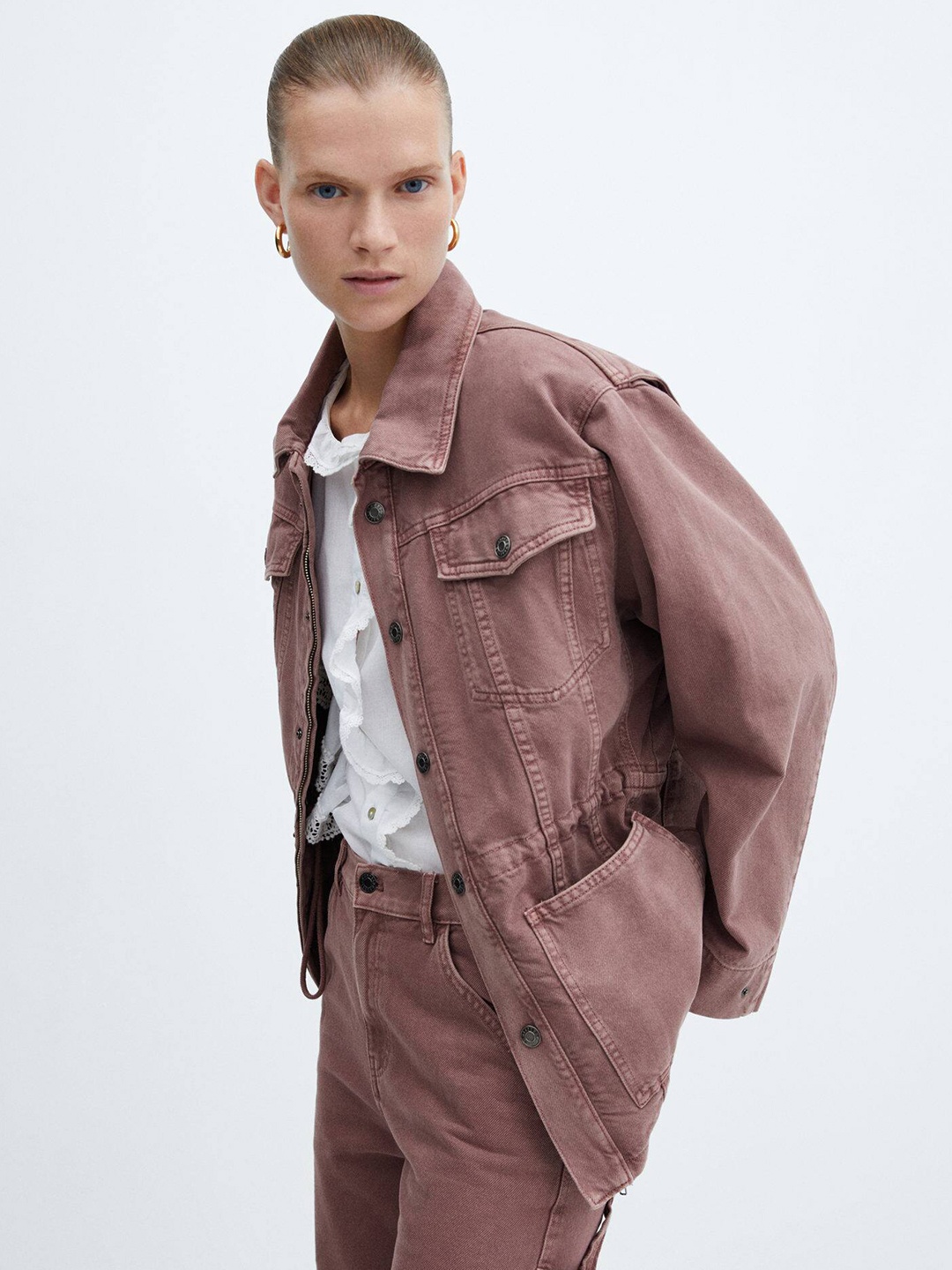 

MANGO Oversized Pockets Detailed Pure Cotton Drawstring Oversized Denim Jacket, Mauve