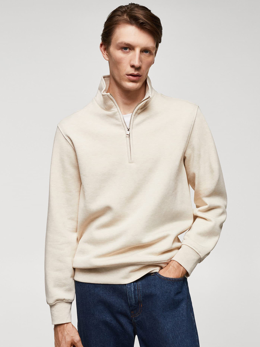 

MANGO MAN Half-Zipper Full Sleeves Sweatshirt, Beige