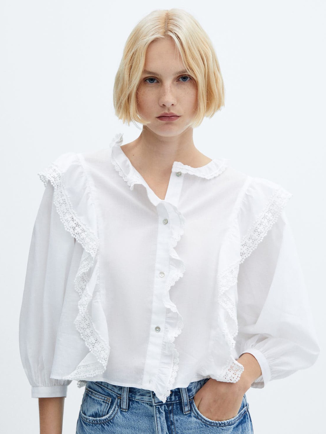 

MANGO Cotton Ruffled Shirt Style Top, White