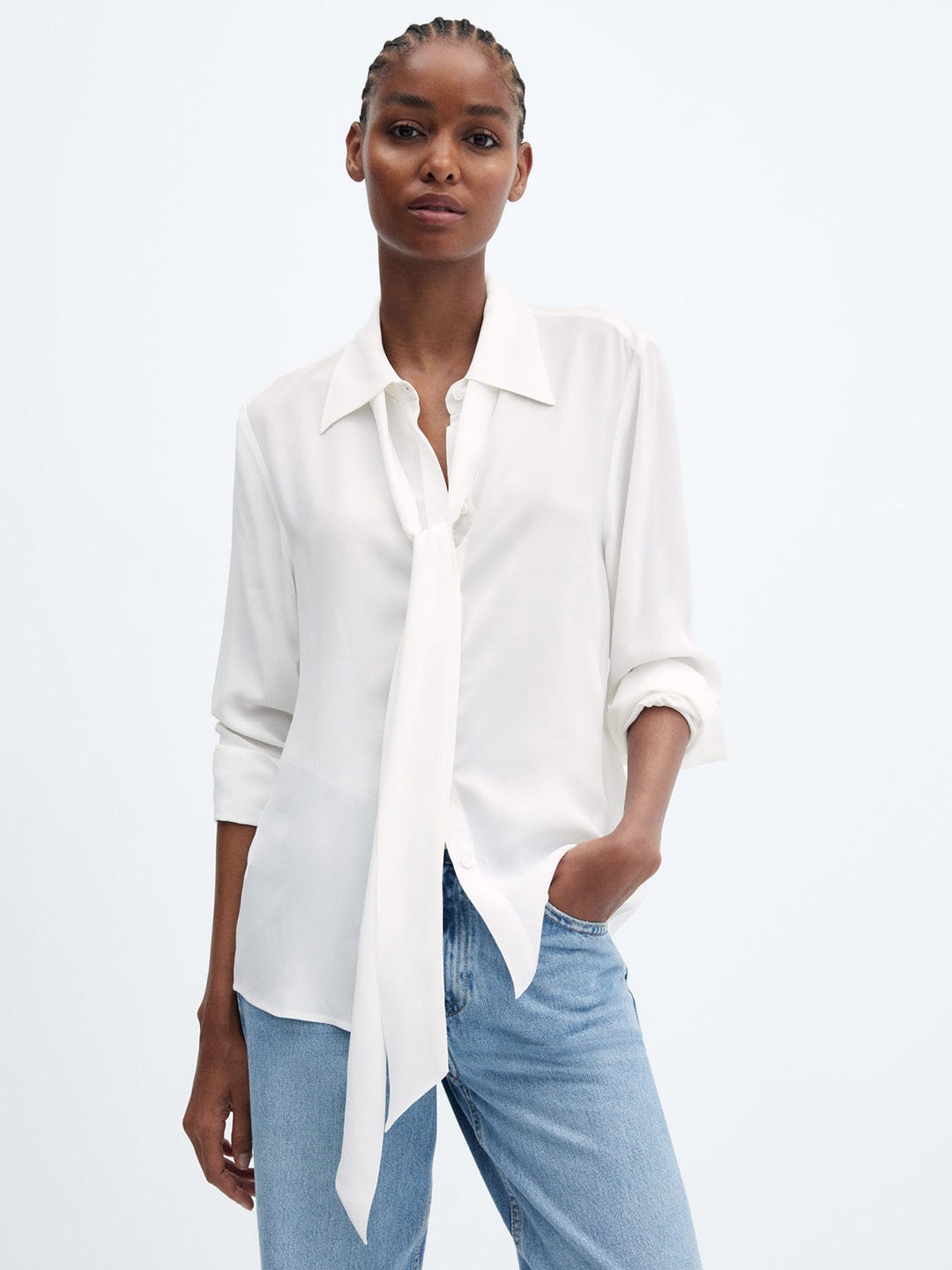 

MANGO Tie-Neck Detailed Shirt Style Formal Top, White