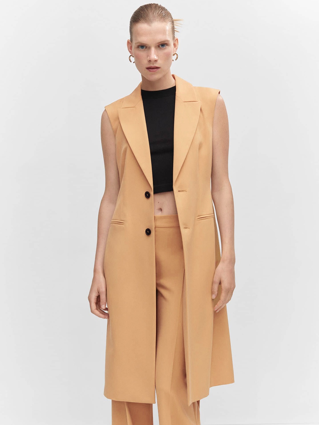 

MANGO Notched Lapel Collar Sleeveless Longline Overcoat With Belt, Camel brown