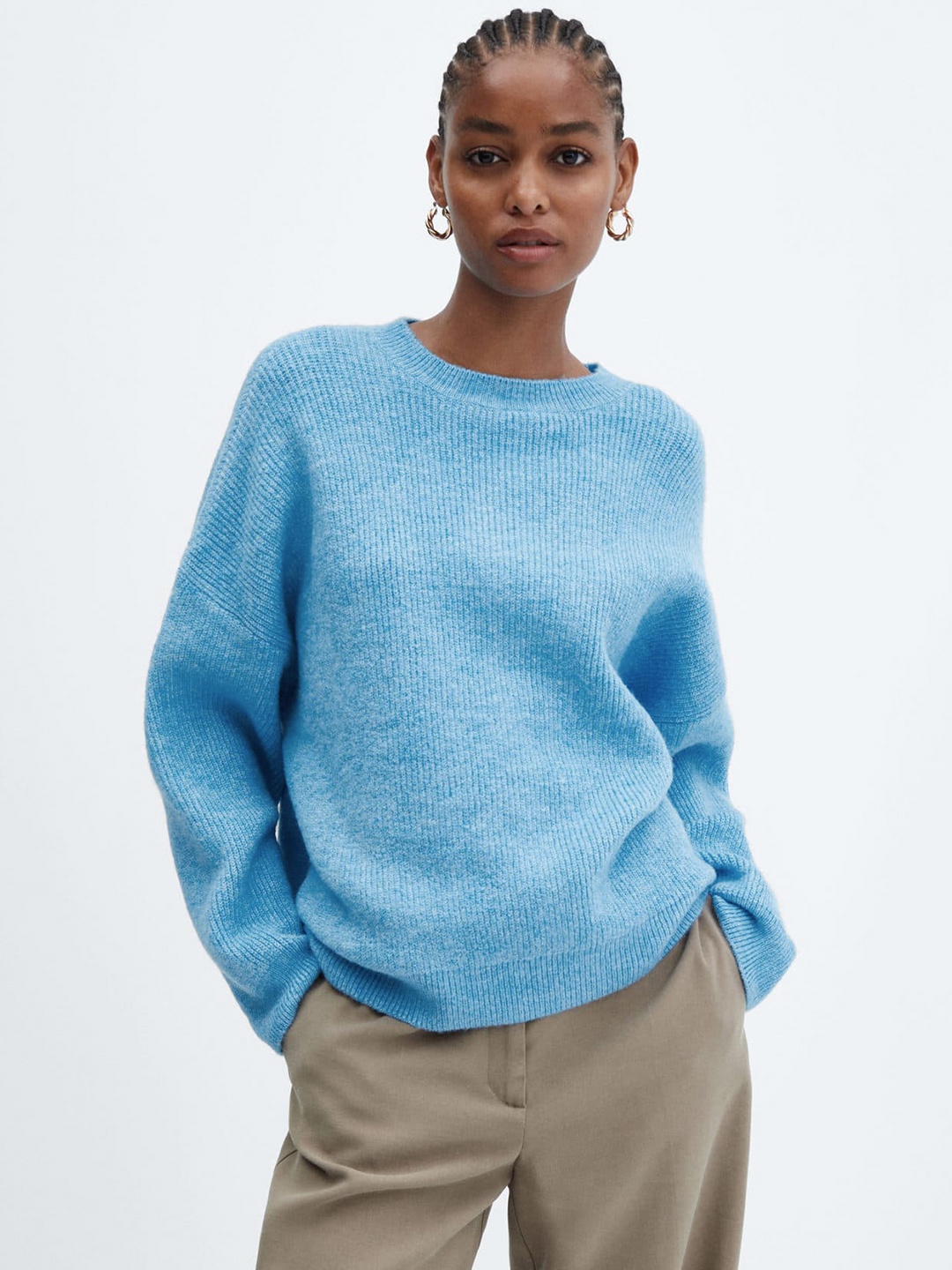 

MANGO Women Ribbed Oversized Pullover, Blue