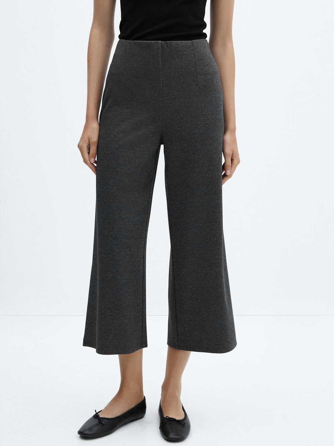 

MANGO Women Knitted Cropped Wide Leg Trousers, Charcoal