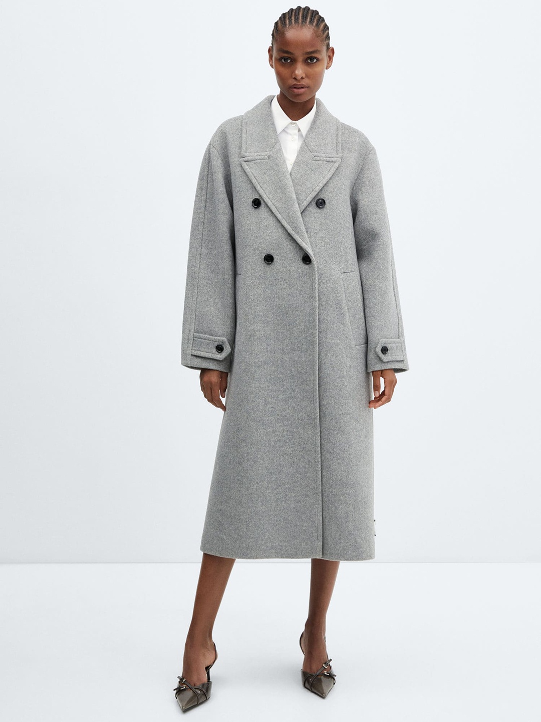 

MANGO Double-Breasted Oversized Coat, Grey melange