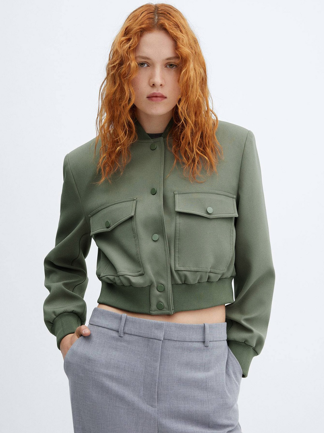 

MANGO Shoulder Pads Detailed Crop Bomber Jacket, Khaki