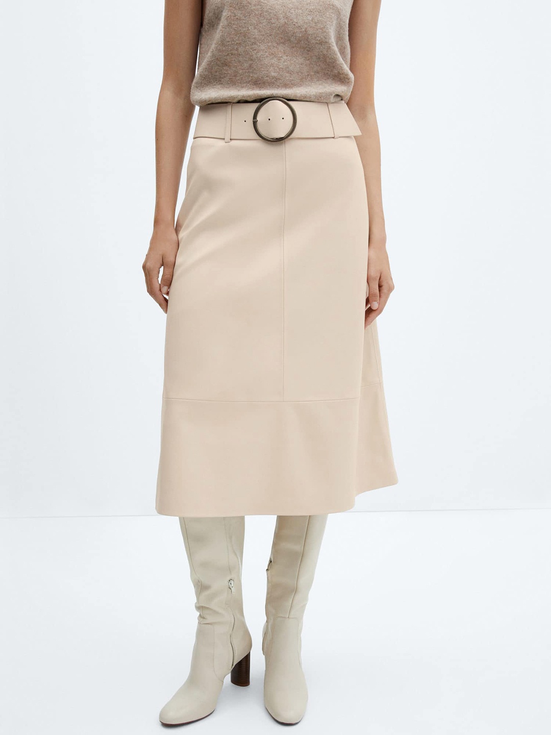 

MANGO Solid A-Line Midi Skirt with Belt, Beige