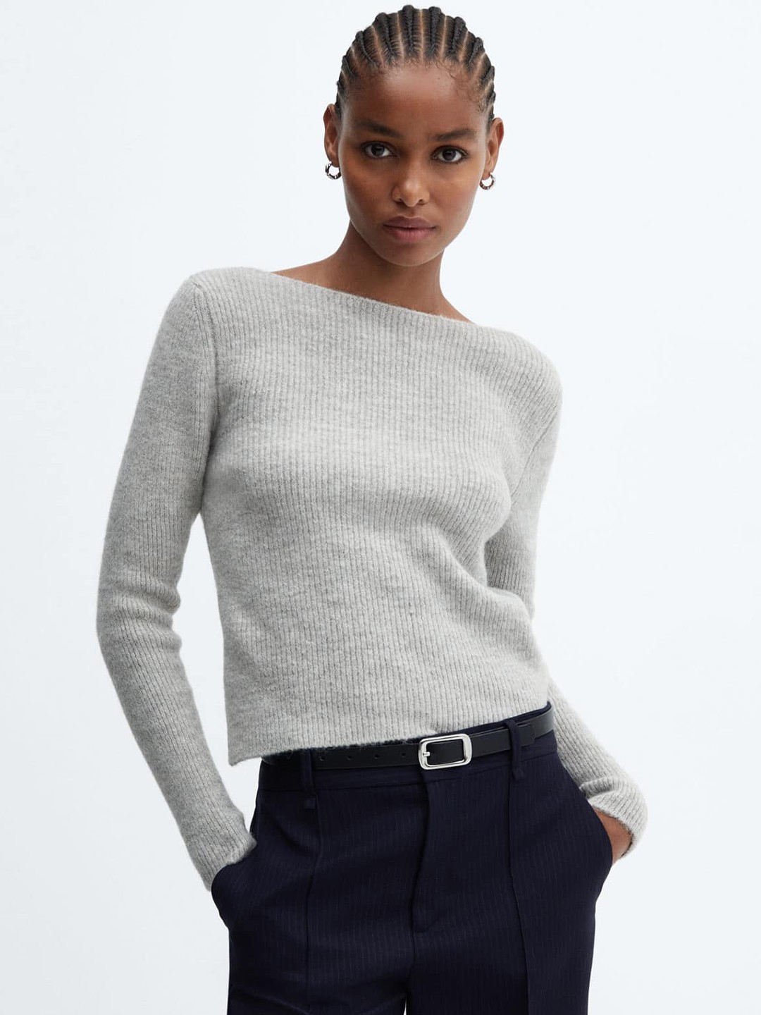 

MANGO Boat Neck Knitted Pullover, Grey melange