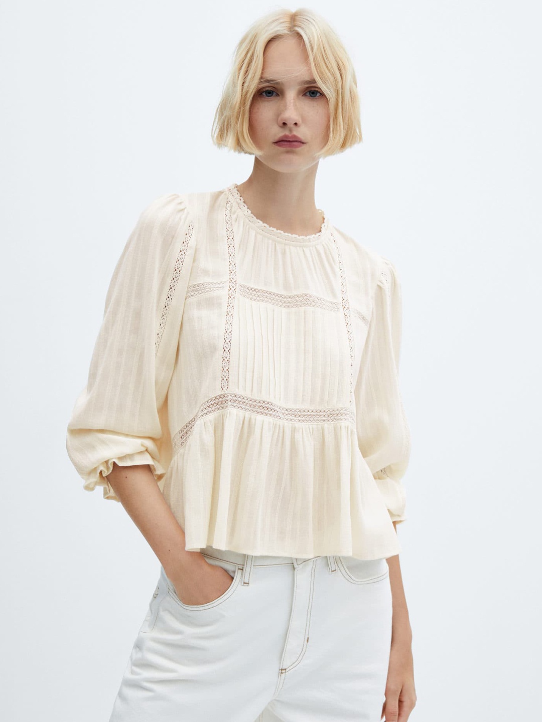 

MANGO Puff Sleeves Lace Inserts Cotton Top, Cream