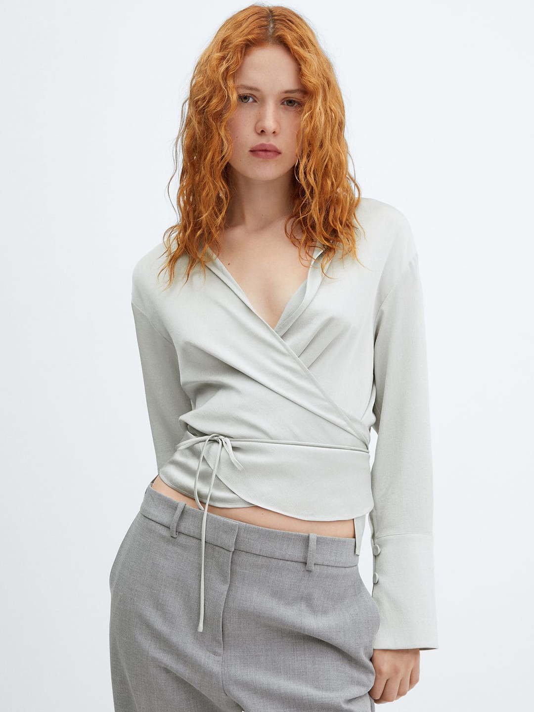 

MANGO Waist Tie-Up Wrap Crop Top, Grey