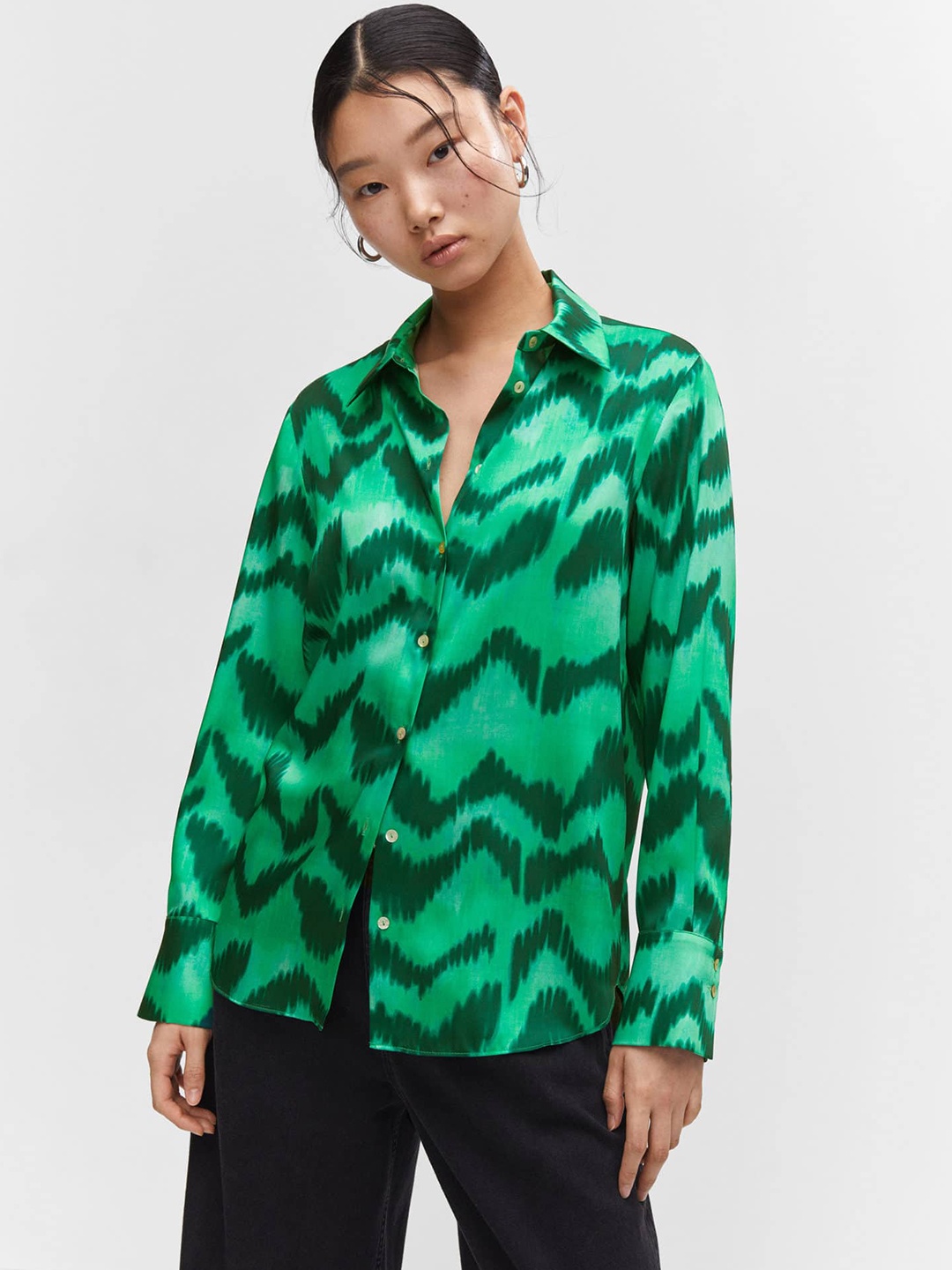 

MANGO Satin Finish Printed Casual Shirt, Green