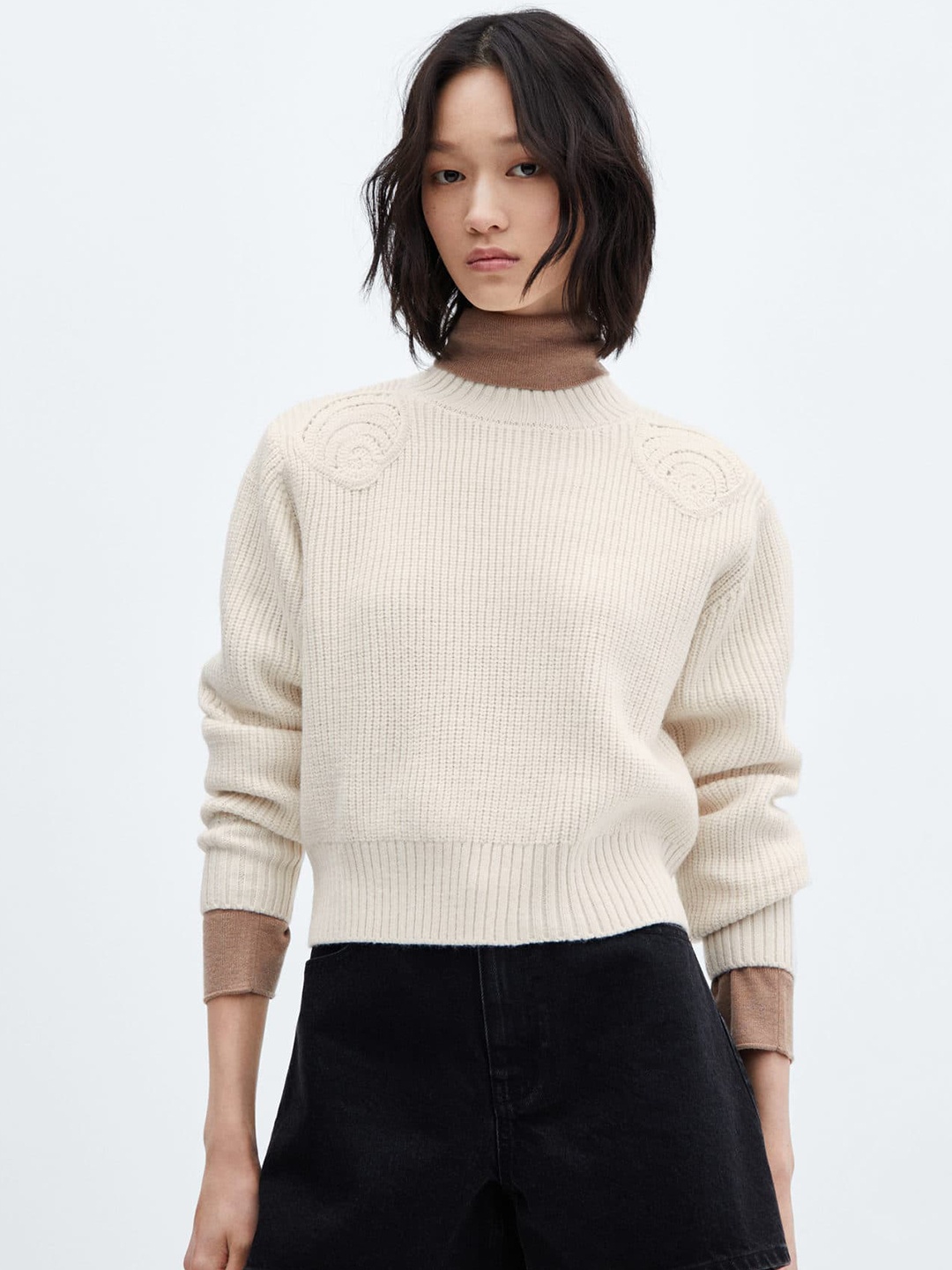 

MANGO High Neck Self Design Knitted Pullover, Cream