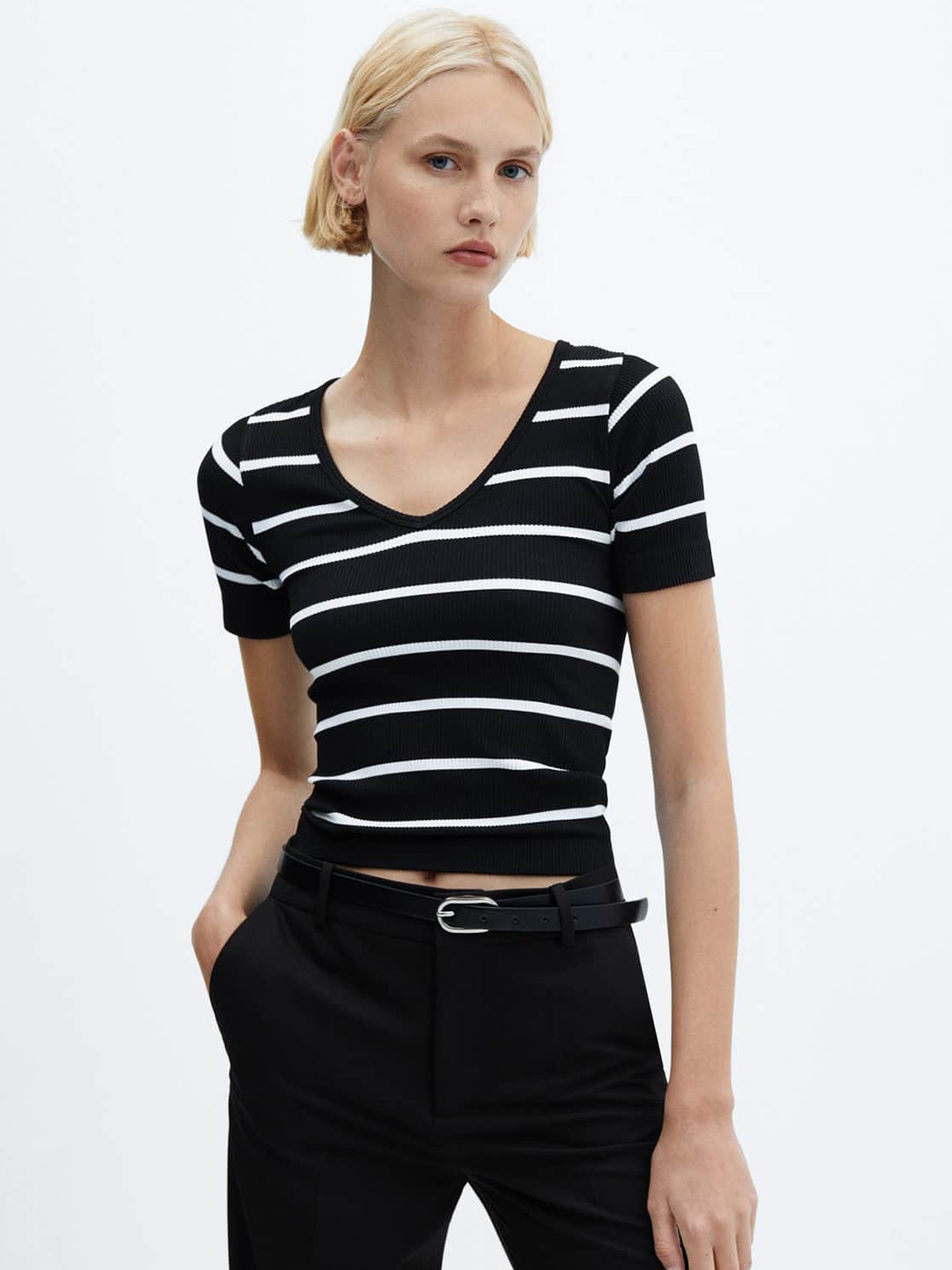 

MANGO Women Striped V-Neck T-shirt, Black