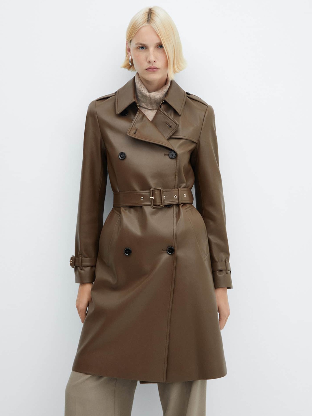 

MANGO Women Faux Leather Double-Breasted Longline Trench Coat with Belt, Brown