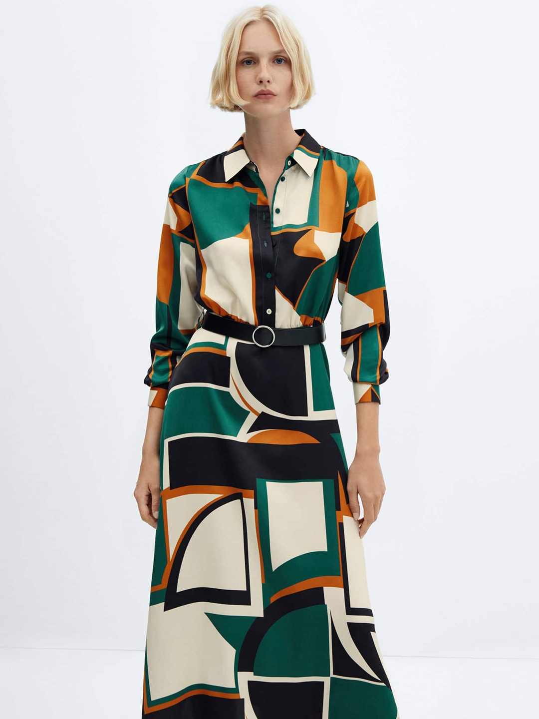 

MANGO Geometric Print Belted Shirt Midi Dress, Green