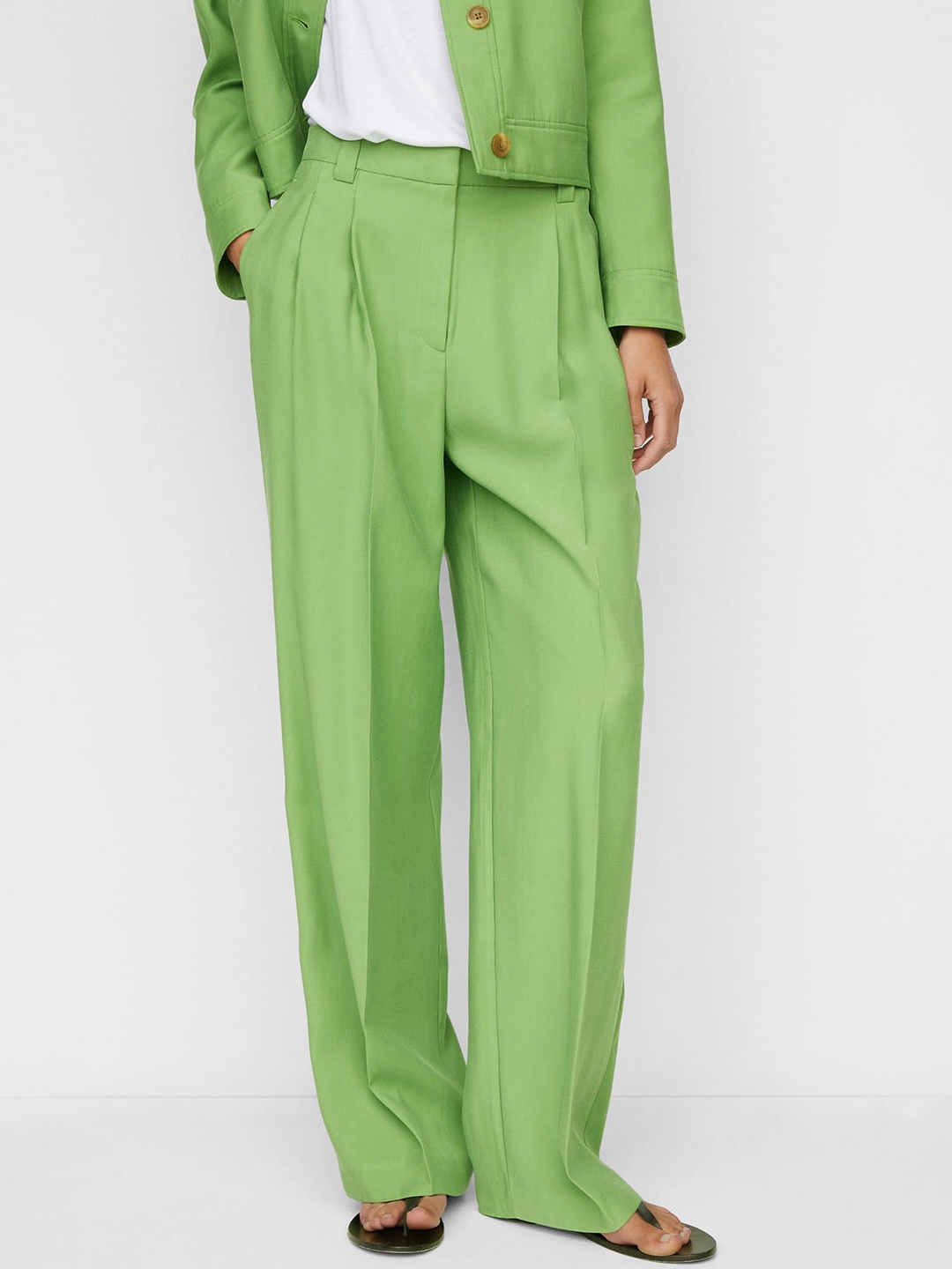 

MANGO Women High-Rise Wide Leg Pleated Trousers, Green