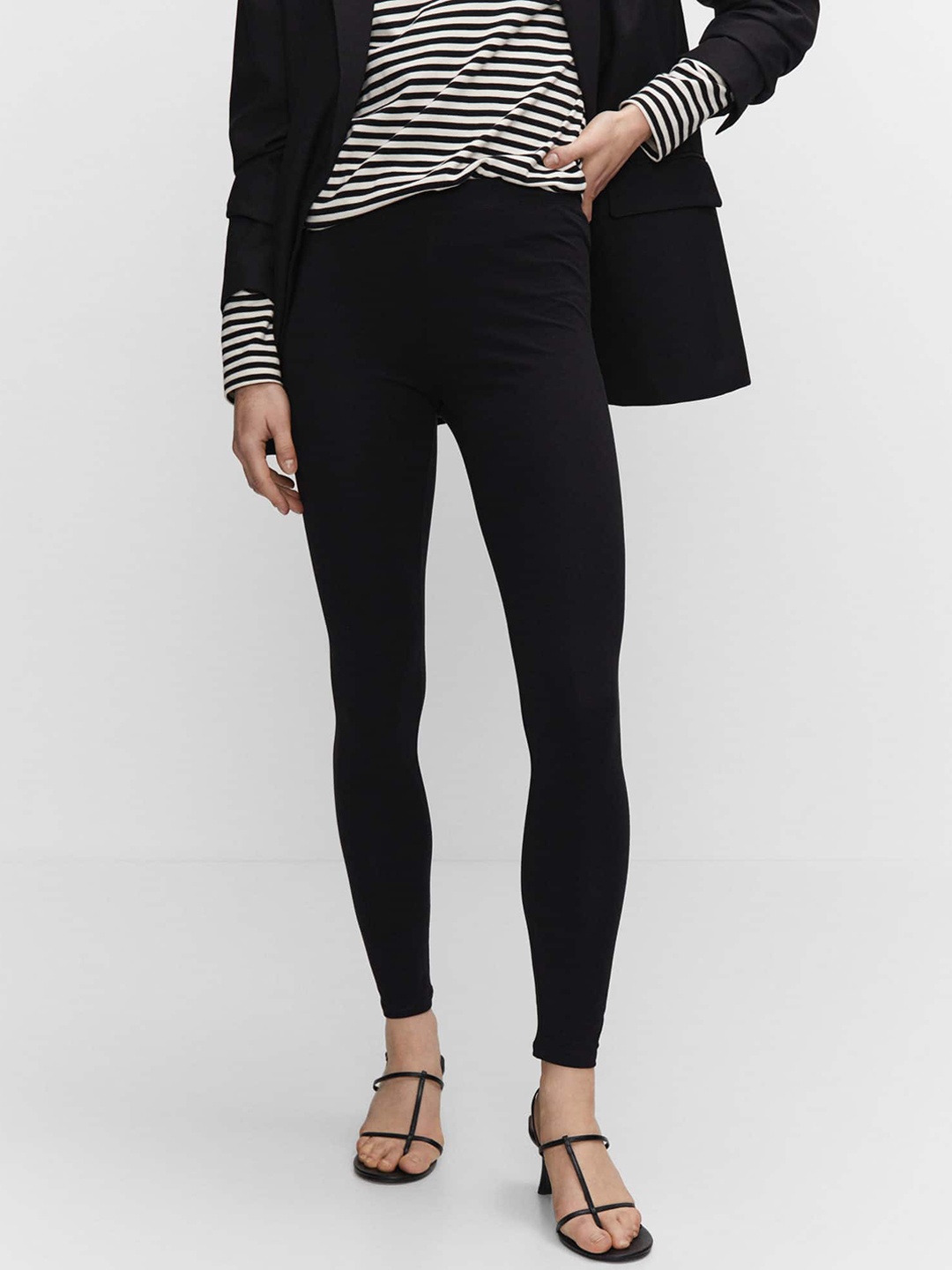 

MANGO Ankle Length Cotton Leggings, Black