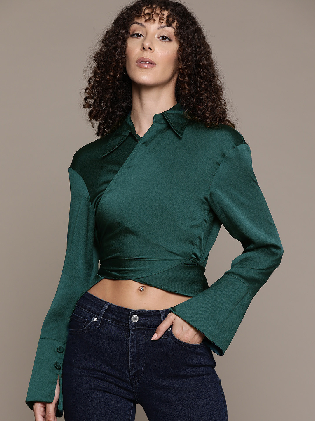 

MANGO Shirt Collar Tie-Up Wrap Crop Top, Green