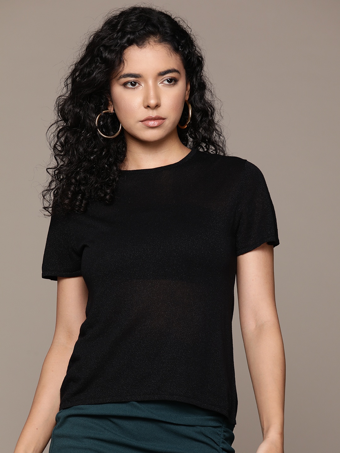 

MANGO Shimmery Semi-Sheer Top, Black