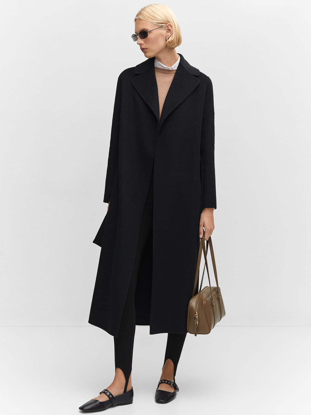

MANGO Notched Lapel Collar Longline Overcoat With Belt, Black