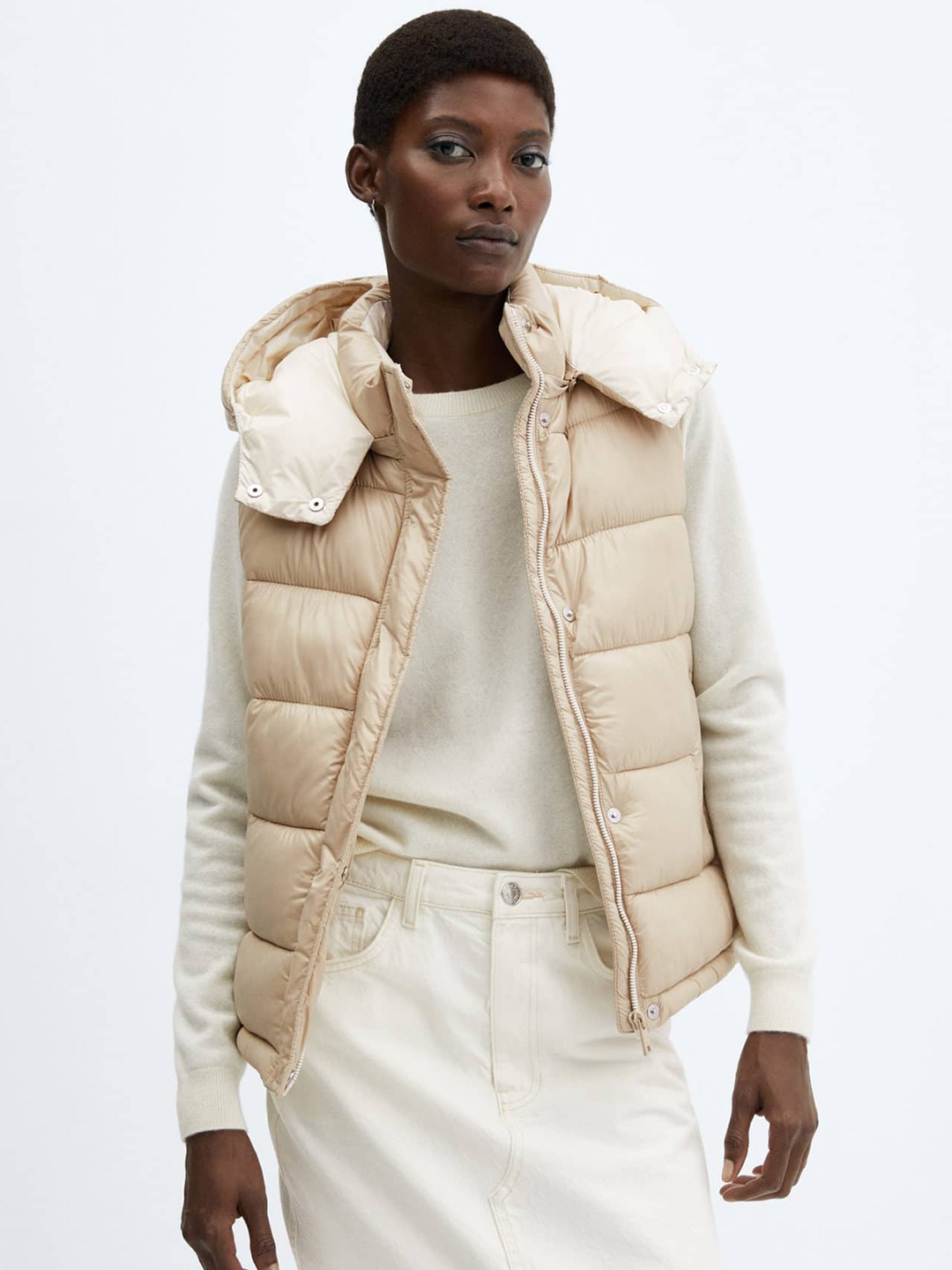 

MANGO Water Resistant Detachable Hood Gilet Padded Jacket, Beige