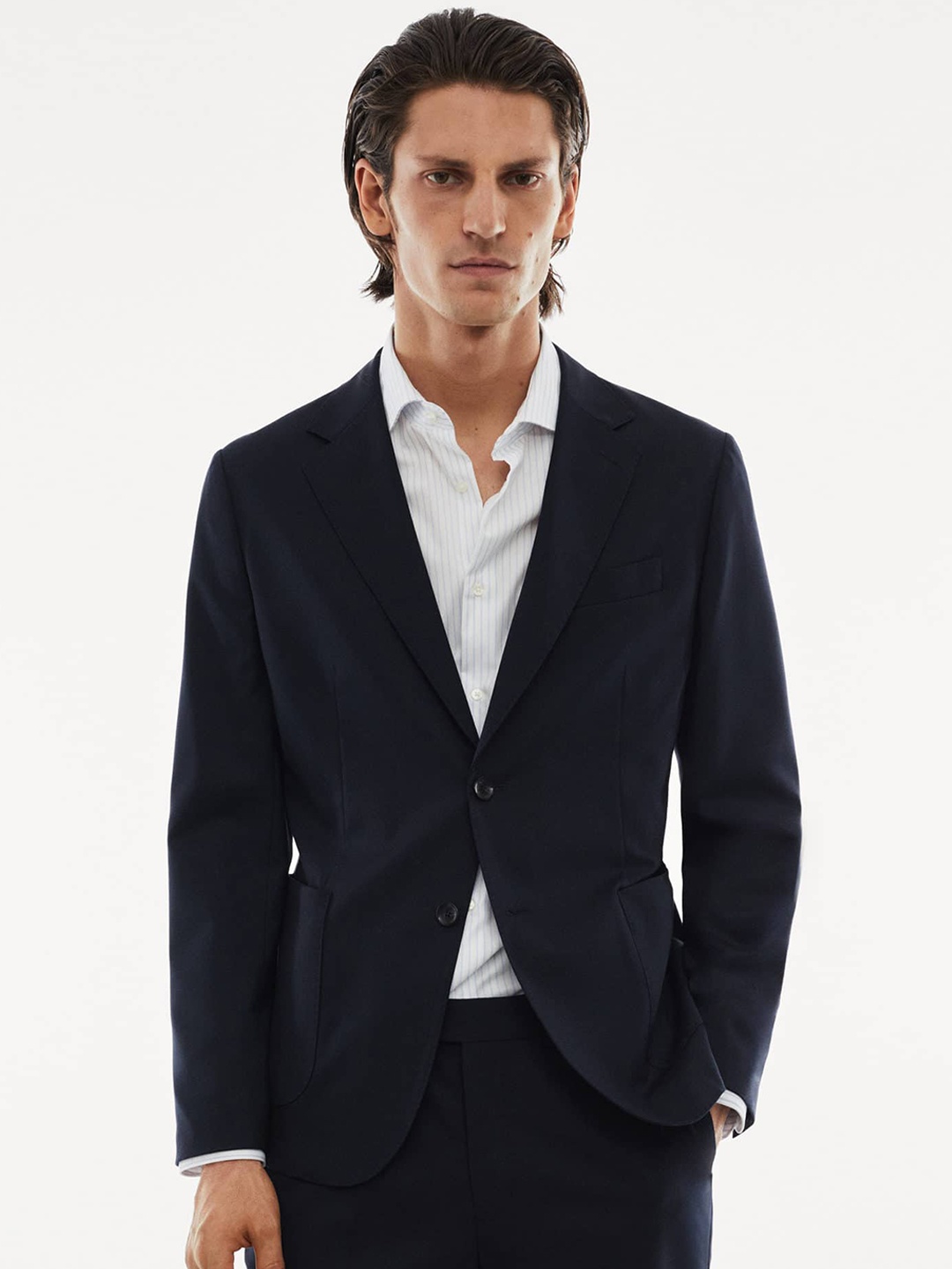 

MANGO MAN Single-Breasted Notched Lapel Formal Blazer, Navy blue