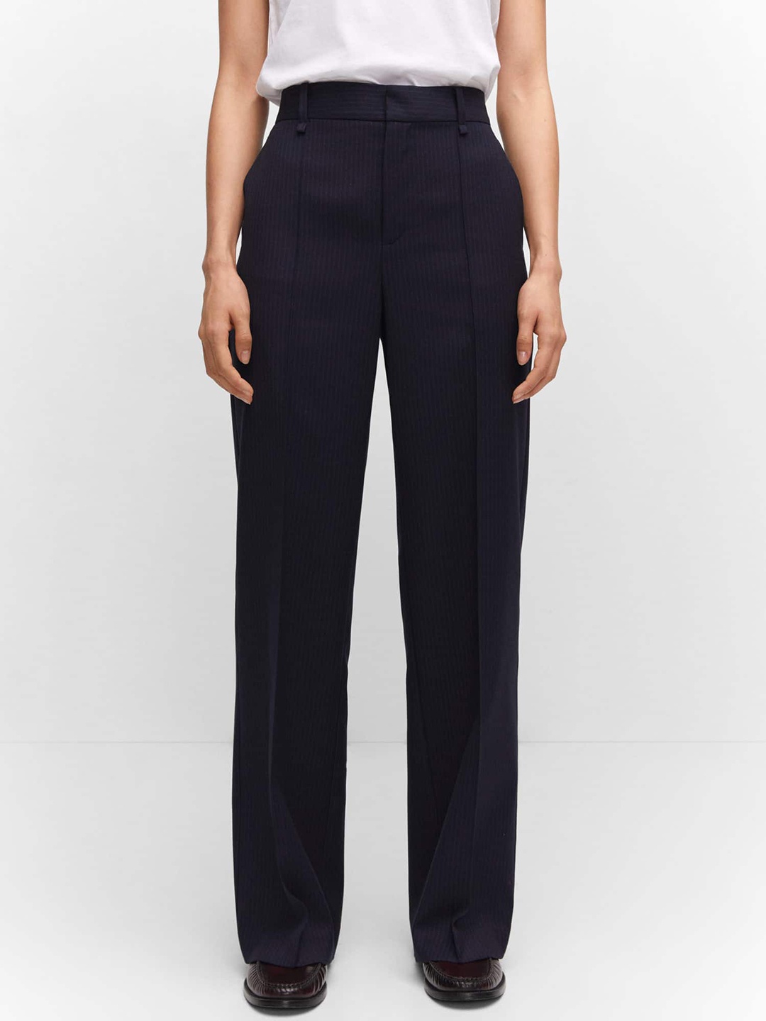 

MANGO Women Striped Straight Fit Pleated Trousers, Navy blue