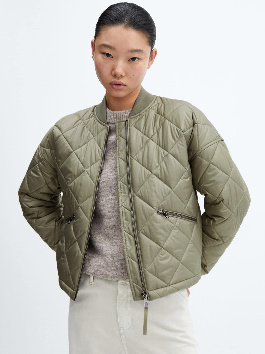 

MANGO Waterproof Oversized Quilted Detail Bomber Jacket, Khaki