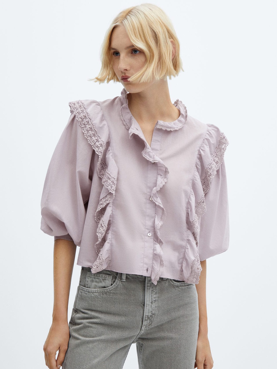 

MANGO Puff Sleeve Ruffled Pure Cotton Shirt Style Top, Lavender