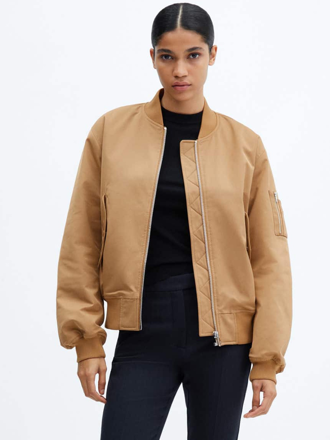 

MANGO Zip Detailed Drop-Shoulder Sleeves Oversized Bomber Jacket, Brown