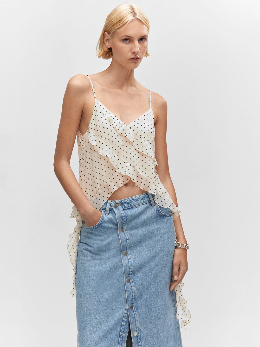 

MANGO Polka Dot Print Ruffled Chiffon Crop Top, Cream