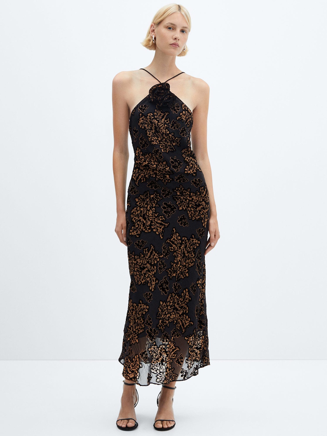 

MANGO Floral Jacquard A-Line Backless Midi Dress, Black