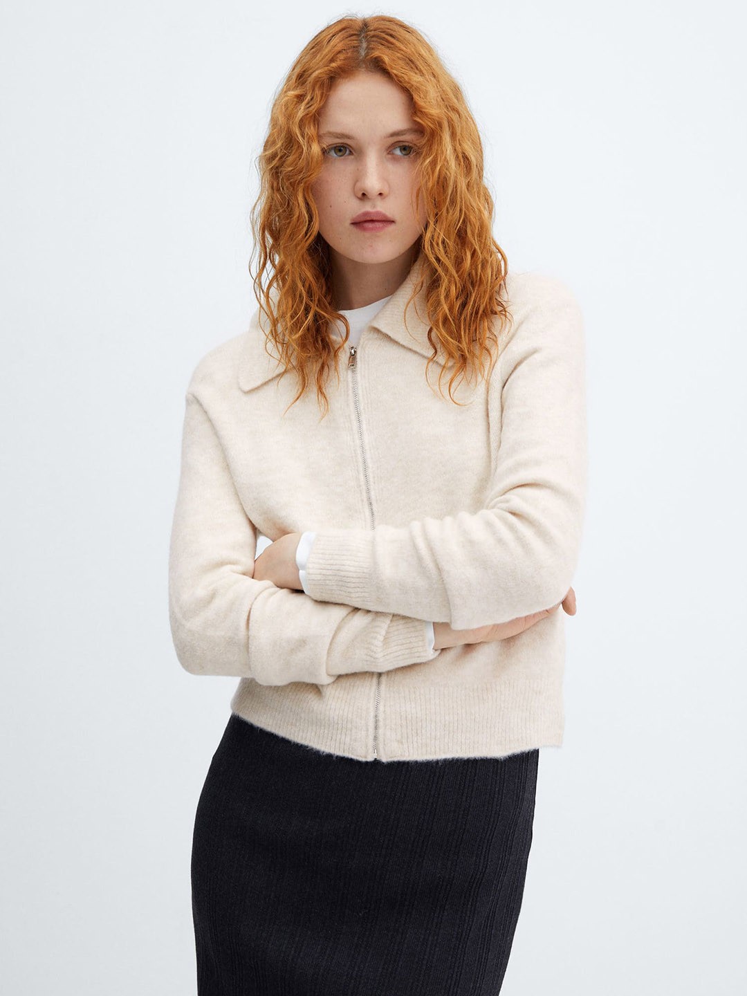 

MANGO Knitted Zippered Cardigan, Off white
