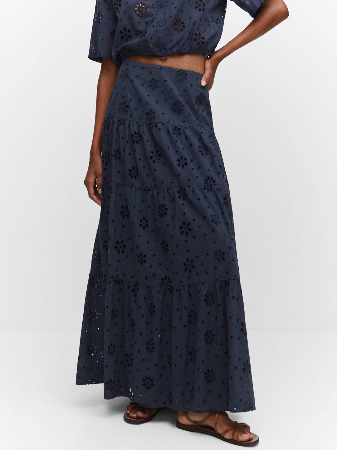 

MANGO Schiffli Embroidered Pure Cotton Tiered Maxi A-Line Skirt, Navy blue