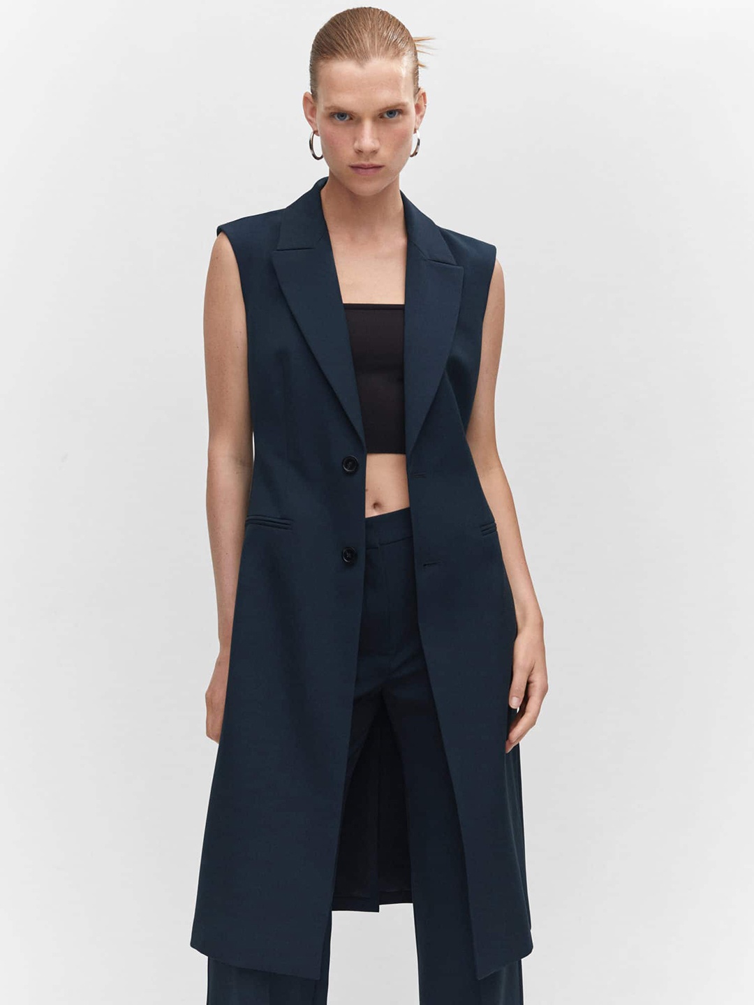 

MANGO Notched Lapel Sleeveless Longline Overcoat, Navy blue