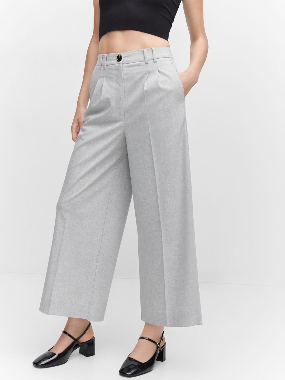 

MANGO Women Pleated Trousers, Grey melange